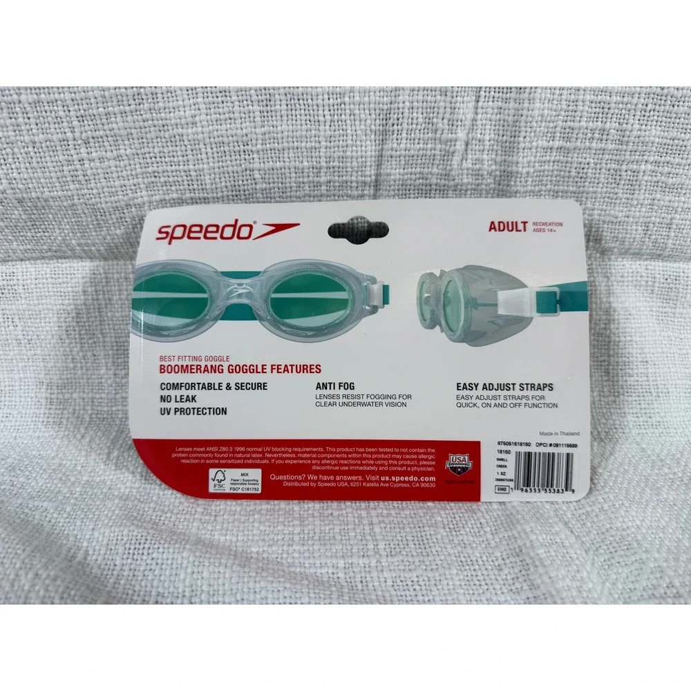 Speedo Boomerang‎ Adult Swim Goggles Black Green Anti Fog UV Protection NEW
